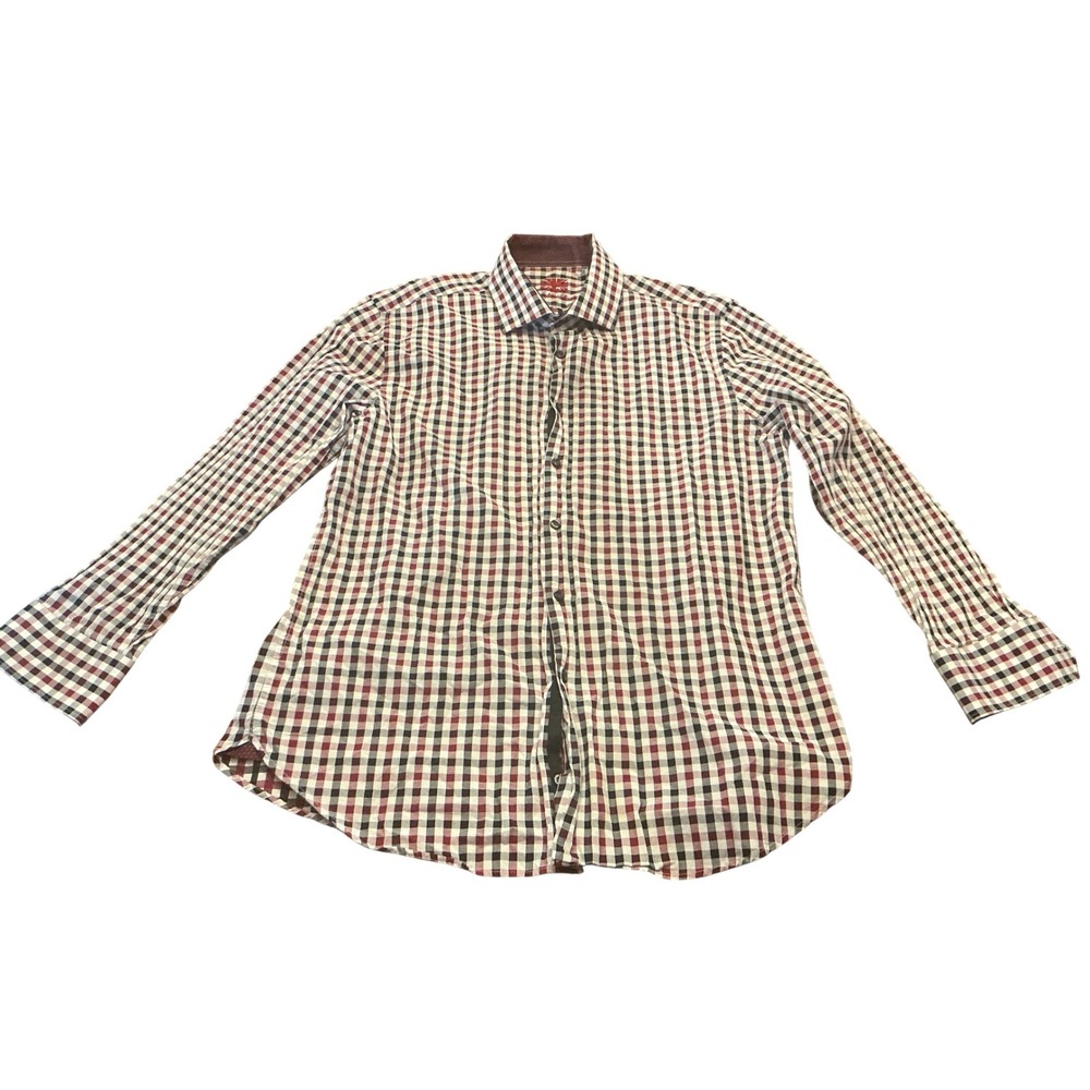 Michelsons London MensGingham Check Button Down Shirt Red Navy White Long Sleeve
